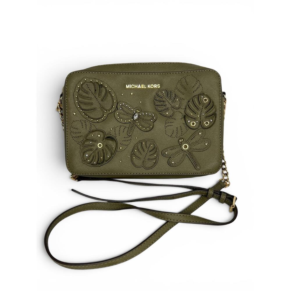 Michael Kors Jet Set Olive Saffiano Leather Dragonfly Crossbody Bag EUC - Picture 2 of 9